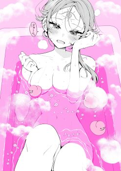 Rule 34 | 1girl, absurdres, bath, bathing, blush, breasts, chihaya senri, collarbone, commentary request, completely nude, facial mark, forehead mark, greyscale with colored background, heart, highres, koi to senrigan to aonisai, navel, nude, open mouth, ouchi kaeru, pink theme, rubber duck, solo, speech bubble, steam, translation request, wet