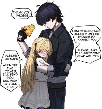 1boy 1girl 2na_(blue2na) absurdres black_gloves black_hair black_jacket black_pants blonde_hair blush closed_eyes commentary english_commentary english_text food game_screenshot_inset gloves grey_shirt hairband highres holding holding_food holding_pizza hug jacket male_rover_(wuthering_waves) no_headwear pants parted_lips phoebe_(wuthering_waves) pizza rover_(wuthering_waves) shirt skirt smile tacet_mark_(wuthering_waves) white_hairband white_skirt wuthering_waves