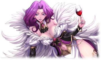 1girl alcohol arm_support artist_request ascot bangle bare_shoulders black_ascot bracelet breasts brooch cape cleavage clothing_cutout code_geass code_geass:_lost_stories cornelia_li_britannia corset cropped_legs cup detached_collar dress drink drinking_glass female_focus forehead game_cg gem hair_intakes hand_up happy highres holding holding_drink holding_drinking_glass jewelry juliet_sleeves large_breasts layered_sleeves leaning_to_the_side long_hair long_sleeves looking_at_viewer navel navel_cutout non-web_source off-shoulder_dress off_shoulder official_art parted_lips puffy_sleeves purple_eyes purple_hair purple_lips red_gemstone side_slit simple_background smile solo teeth thighs transparent_background v-shaped_eyebrows white_cape white_dress wine