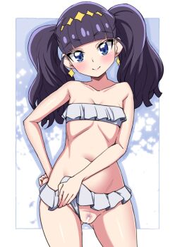 Rule 34 | 1girl, asortofcolorfag, bar censor, bikini, bikini bottom aside, bikini bottom lift, blue eyes, blush, breasts, cameltoe, censored, closed mouth, clothing aside, colorized, delicious party precure, earrings, eyebrows hidden by hair, female pubic hair, frilled bikini, frills, gluteal fold, groin, highres, jewelry, kasai amane, large variant set, lips, looking at viewer, medium hair, miyagoe yoshitsuki, navel, precure, pubic hair, purple hair, pussy, short twintails, small breasts, smile, solo, star (symbol), star earrings, stomach, swimsuit, twintails, variant set, white bikini