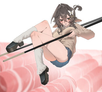 1girl animal_ear_piercing animal_ears black_eyes black_hair blue_skirt blush breasts brown_sweater butterfly_hair_ornament chinese_commentary chopsticks collared_shirt commentary_request food full_body goat_ears goat_girl gyaru hair_between_eyes hair_ornament hairclip highres holding holding_chopsticks holding_with_chopsticks hooves horizontal_pupils kuzakura_yako_(kirihara_aki) large_breasts legs long_hair long_sleeves looking_at_object meat mole mole_under_eye open_mouth original shirt shirt_under_sweater sidelocks skirt sweater thighs white_shirt wohaimeiyou yellow_pupils