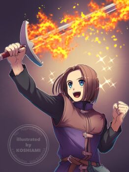 1boy artist_name black_shirt blue_eyes brown_hair clenched_hand dragon_quest dragon_quest_xi fire flaming_sword flaming_weapon hero_(dq11) highres holding holding_sword holding_weapon koshi_(meermisa) light_blush male_focus open_mouth parted_bangs purple_tunic shirt short_hair smile solo sparkle sword torn_clothes torn_sleeves tunic upper_body weapon