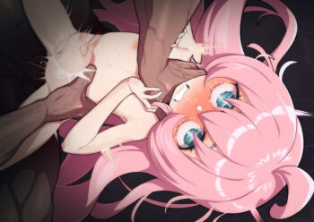 1boy 1girl ahoge asphyxiation blue_eyes blush clenched_teeth commentary_request completely_nude dashed_eyes flat_chest hetero highres loli long_hair missile_(55missile) navel nipples nose_blush nude original parted_lips pink_hair rolling_eyes sex solo_focus stomach_bulge strangling teeth torso_grab