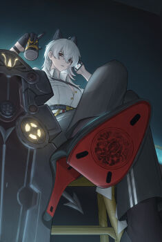 1girl absurdres ahoge black_gloves black_horns black_pants black_shoes black_tail breasts button_gap can cellphone chair chest_harness chinese_commentary collared_shirt commentary_request crossed_legs curled_horns demon_tail drink_can earrings gloves grey_hair hair_between_eyes harness high-waist_pants high_heels highres holding holding_can holding_phone horns jewelry key_earrings large_breasts long_hair looking_at_viewer on_chair pants parted_lips partial_commentary phone red_eyes sa-baaa shield shirt shirt_tucked_in shoe_soles shoes sitting smartphone solo tail talking_on_phone white_shirt wuthering_waves zani_(wuthering_waves)