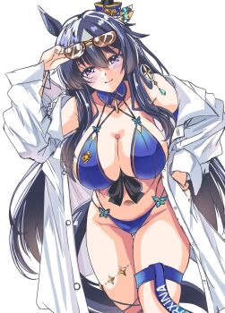 1girl animal_ears blue_hair blush breasts ear_covers ear_ornament earrings hair_between_eyes hair_ornament highres horse_ears horse_girl horse_tail jewelry kentan_(kingtaiki) large_breasts long_hair looking_at_viewer multicolored_hair navel purple_eyes single_ear_cover single_earring smile solo swimsuit tail tinted_eyewear umamusume verxina_(umamusume)