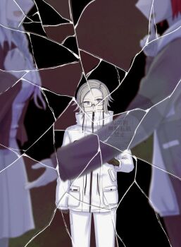 Rule 34 | 1girl, 2boys, aotsuki eito, black gloves, black jacket, blurry, blurry foreground, braid, broken glass, commentary, eyes out of frame, glass, glasses, gloves, grey hair, grey jacket, head out of frame, hood, hoodie, jacket, jacket over hoodie, kirifuji nozomi, long hair, matsu shimatsuki, multiple boys, open clothes, open jacket, outstretched arm, pants, pocket, pointing, pointing up, purple eyes, red hair, shirt, short hair, skirt, smile, sumino takumi, symbol-only commentary, the hundred line -last defense academy-, watermark, white hoodie, white jacket, white pants, white shirt, white skirt