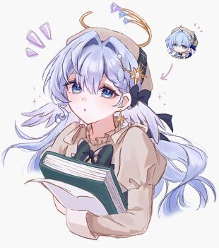 Rule 34 | 1girl, :o, blue eyes, blue hair, book, bow, bowtie, brown hat, brown shirt, commentary, earrings, funafu, grey background, hair between eyes, hair intakes, hair ornament, halo, hat, head wings, holding, holding book, holding paper, honkai: star rail, honkai: star rail sticker redraw (meme), honkai (series), jewelry, juliet sleeves, long hair, long sleeves, looking at viewer, meme, notice lines, official alternate costume, paper, parted lips, puffy sleeves, robin (brilliant youth) (honkai: star rail), robin (honkai: star rail), shirt, simple background, solo, striped bow, striped bowtie, striped clothes, white wings, wings