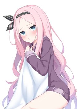 1girl aqua_eyes black_ribbon blush cafe_stella_to_shinigami_no_chou commentary cowboy_shot cup disposable_cup forehead furrowed_brow hair_ribbon hand_up highres hood hood_down hoodie hugging_object long_hair looking_at_viewer open_mouth parted_bangs pillow pillow_hug pink_hair purple_hoodie ribbon shioyama_suzune shy simple_background sleeves_past_wrists solo thighs very_long_hair white_background yamichi_(yamichi8369)