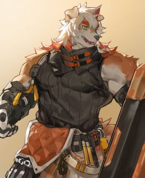 arknights bara black_shirt chinese_commentary furry furry_male gloves highres holding holding_shield horns hung_(arknights) looking_to_the_side male_focus multicolored_hair mythological_creature open_mouth run_(arun_six) shield shirt single_horn sleeveless sleeveless_shirt sleeveless_turtleneck solo turtleneck