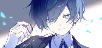 1boy black_jacket blue_hair blue_ribbon closed_mouth earphones gradient_background grey_background grey_eyes hair_over_one_eye hand_up highres holding holding_earphones jacket looking_at_viewer male_focus nodoka906 persona persona_3 portrait ribbon shirt short_hair signature smile solo white_background white_shirt wing_collar yuuki_makoto_(persona_3)