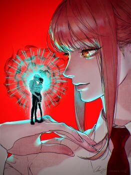 1boy 2girls black_choker black_pants black_shoes chainsaw_man choker collared_shirt conyang_316 denji_(chainsaw_man) formal_clothes fourth_east_high_school_uniform grenade_pin hand_up highres kiss long_sidelocks looking_at_another makima_(chainsaw_man) multiple_girls necktie office_lady pants red_background reze_(chainsaw_man) ringed_eyes school_uniform shirt shoes sidelocks signature smoke smoke_trail suit thighhighs white_shirt yellow_eyes