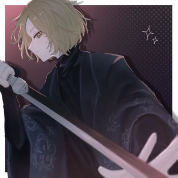 1boy arm_at_side black_gloves black_haori black_shirt blonde_hair border clenched_hand closed_mouth elbow_gloves expressionless eyelashes fighting_stance gloves hand_up haori highres holding holding_sword holding_weapon japanese_clothes limbus_company looking_at_viewer male_focus open_hand pinky_(identity)_(project_moon) project_moon red_background rin_3097p shirt sinclair_(project_moon) solo sword tsurime turtleneck turtleneck_shirt undershirt unsheathed weapon white_border yellow_eyes