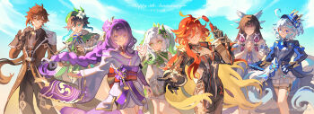 2boys 5girls absurdres ahoge ascot beret biker_clothes bikesuit black_bodysuit black_gloves black_hair blonde_hair blue_ascot blue_eyes blue_hair blue_hat blue_jacket blue_sky bodysuit braid braided_ponytail breasts brown_hair closed_eyes closed_mouth columbina_(genshin_impact) commentary_request cross-shaped_pupils dress drop-shaped_pupils earrings english_text eye_mask feet_out_of_frame floating_hair flower furina_(genshin_impact) genshin_impact gloves gradient_hair green_eyes green_hair green_hat hair_between_eyes hair_ornament hand_on_own_hip hat hat_flower head_wings highres holding holding_instrument holding_lyre holding_removed_eyewear instrument jacket japanese_clothes jewelry kimono leaf_hair_ornament long_hair long_sleeves looking_at_viewer lyre mask mavuika_(genshin_impact) medium_breasts multicolored_hair multiple_boys multiple_girls nahida_(genshin_impact) obi one_eye_closed orange_eyes orange_pupils own_hands_clasped own_hands_together pants parted_lips pink_hair ponytail purple_eyes purple_hair purple_kimono raiden_shogun reaching reaching_towards_viewer red-tinted_eyewear red_hair sash shen_shen_ruqi short_hair_with_long_locks shorts side-by-side side_braids side_ponytail single_earring sky smile sun_earrings sunglasses symbol-shaped_pupils tinted_eyewear twin_braids two-tone_hair unworn_eyewear venti_(genshin_impact) very_long_hair white_dress white_flower white_hair white_mask white_shorts wings yellow_eyes zhongli_(genshin_impact)
