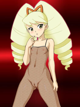 1girl blonde_hair blush bodystocking bow cleft_of_venus drill_hair fishnet_bodystocking fishnets flat_chest genka_ichien green_eyes hair_bow loli long_hair looking_at_viewer luna_platz_(mega_man) mega_man_(series) mega_man_star_force_(series) navel nipples parted_lips pussy twin_drills very_long_hair