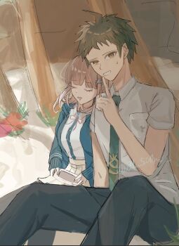 Rule 34 | 1boy, 1girl, ahoge, breasts, brown hair, collared shirt, commentary request, danganronpa (series), danganronpa 2: goodbye despair, dontsu (illu5i0ns), flipped hair, hair ornament, handheld game console, highres, hinata hajime, holding, holding handheld game console, jacket, long sleeves, medium hair, nanami chiaki, neck ribbon, necktie, open clothes, open jacket, pants, pink ribbon, pleated skirt, ribbon, shirt, short hair, sitting, skirt, smile, snow, thighhighs, tree, white shirt