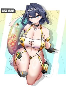 1girl absurdres alternate_costume arm_support black_choker black_gloves blue_eyes blue_hair blush bow bow_earrings breasts chain chain_headband character_name choker cleavage closed_mouth clothing_cutout commentary cosplay crocs earrings elegg_(boom_and_shock)_(nikke) elegg_(nikke) elegg_(nikke)_(cosplay) gloves goddess_of_victory:_nikke hair_between_eyes hair_intakes heart_cutout highres hololive hololive_english innertube jewelry large_breasts looking_at_viewer navel ouro_kronii saltnvalk shadow shiny_skin shoes short_hair slingshot_swimsuit solo swim_ring swimsuit thigh_gap v-shaped_eyebrows virtual_youtuber white_shoes