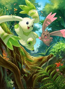Rule 34 | blue eyes, blue sky, bright pupils, day, digimon, digimon (creature), flower, forest, highres, lopmon, mei ford, nature, no humans, open mouth, outdoors, pointing, pointing forward, red flower, running, sky, terriermon, tree, white pupils
