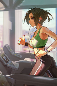 1girl absurdres bare_arms black_pants bra breasts cleavage collarbone commentary day feet_out_of_frame green_bra green_eyes green_nails headphones highres indoors medium_breasts original pants qu_uo running short_hair solo sports_bra sports_panties sweat symbol-only_commentary treadmill underwear watch wristwatch