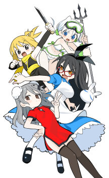 Rule 34 | 4girls, absurdres, agoshi sakina, alice's adventures in wonderland, alice (alice in wonderland), alice (alice in wonderland) (cosplay), bikini, black eyes, black hair, black kimono, black shoes, blonde hair, blue dress, blue eyes, blush, bow hairband, breasts, brown eyes, brown thighhighs, closed mouth, commentary request, cosplay, double bun, dress, flat chest, frilled bikini, frills, goggles, goggles on head, hair bun, hair horns, hair ornament, hair scrunchie, hairband, hairpin, highres, holding, holding polearm, holding sword, holding weapon, japanese clothes, kimono, kokaki mumose, long hair, looking at another, looking at viewer, mary janes, medium breasts, moneko (kokaki mumose), multiple girls, navel, ninja, null-meta, official art, open mouth, orange eyes, petticoat, polearm, red dress, sash, scarf, scrunchie, shoes, short hair, short kimono, short sleeves, short sword, sleeveless, sleeveless kimono, small breasts, souen chiaki, swim goggles, swimsuit, sword, takada shiyuki, thighhighs, trident, uozumi kurumi, v, v-shaped eyebrows, weapon, white background, white bikini, white hair, wrist scrunchie
