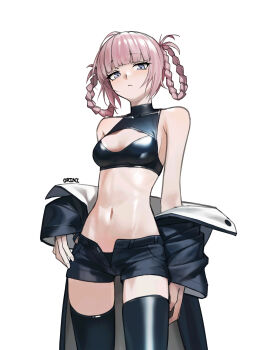 1girl absurdres black_thighhighs blue_eyes braid braided_hair_rings breasts closed_mouth commentary_request cowboy_shot crop_top hair_rings highres looking_at_viewer nanakusa_nazuna_(yofukashi_no_uta) navel orini pink_hair short_shorts shorts simple_background small_breasts solo thighhighs vampire white_background yofukashi_no_uta