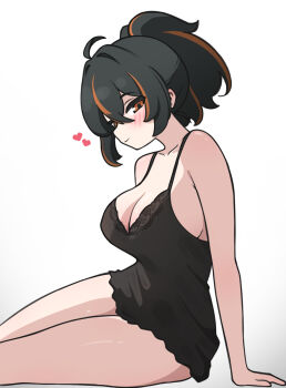 Rule 34 | 1girl, absurdres, alternate costume, arm support, arutemisu180, black chemise, blush, breasts, chemise, from side, heart, highres, large breasts, lingerie, looking at viewer, multicolored hair, ponytail, red eyes, red hair, sideways glance, simple background, sitting, solo, streaked hair, underwear, underwear only, white background, zenless zone zero, zhu yuan