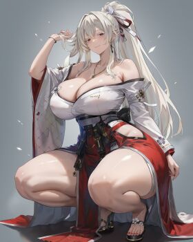 1girl absurdres adjusting_hair alternate_breast_size_(larger) arm_up ayres_(ayresm) bare_shoulders black_shoes blush bracelet breasts cleavage closed_mouth commentary earrings full_body grey_background hair_between_eyes hair_over_shoulder hair_ribbon high_heels highres hiyuki_(wuthering_waves) huge_breasts japanese_clothes jewelry long_hair long_sleeves looking_at_viewer mole mole_on_shoulder mole_under_eye nail_polish pendant ponytail red_eyes red_nails ribbon shiny_skin shoes simple_background solo squatting thighs toenail_polish toenails very_long_hair white_hair wide_sleeves wuthering_waves