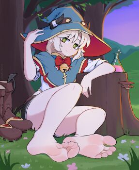 1girl absurdres bare_legs barefoot bell black_shorts blue_capelet boots bow bowtie capelet feet foot_focus full_body grass green_eyes hat highres long_hair neck_bell original outdoors red_bow red_bowtie shirt shorts sitting softhanten solo tree tree_stump unworn_boots white_hair white_shirt witch_hat