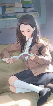 1girl backpack bag black_bag black_eyes black_footwear black_hair book brown_cardigan cardigan collared_shirt couch crossed_legs dini_illust fingernails full_body hair_behind_ear hair_over_shoulder highres holding holding_book indoors kneehighs long_hair long_sleeves metronome original partially_unbuttoned pleated_skirt reading school_uniform shirt sitting skirt socks solo sunlight white_shirt white_socks