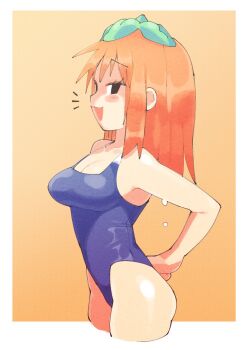 1girl blue_one-piece_swimsuit breasts cleavage from_side furrowed_brow hand_on_own_hip highres inkerton-kun leaf leaf_on_head long_hair looking_at_viewer medium_breasts monster_girl notice_lines one-piece_swimsuit open_mouth orange_hair original percci_(inkerton-kun) perci_(inkuusan) plant_girl plant_on_head smile solo swimsuit wet wet_hair