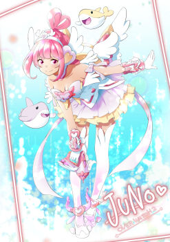 1girl commentary_request frilled_skirt frills gun highres holding holding_gun holding_weapon juno_(overwatch) magical_girl mascot overwatch pink_eyes pink_hair ribbon shark shiratama_kotobuki shoes short_hair skirt smile thighhighs weapon whale white_ribbon white_thighhighs winged_hair_ornament wings