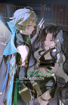 1boy 1girl ahoge alhaitham_(genshin_impact) bare_shoulders black_gloves black_hair black_shirt black_skirt blonde_hair book bookshelf breasts bridal_gauntlets cape cleavage closed_mouth clothing_cutout commentary_request crop_top crossed_arms earrings elbow_gloves fingerless_gloves gem genshin_impact gloves gold_trim green_gem highres holding holding_book indoors jewelry korean_commentary long_hair looking_at_another medium_breasts midriff navel oc_x_canon original parted_bangs partially_fingerless_gloves purple_eyes q_(llll4414_j) see-through_clothes shirt short_hair skirt sleeveless sleeveless_shirt standing