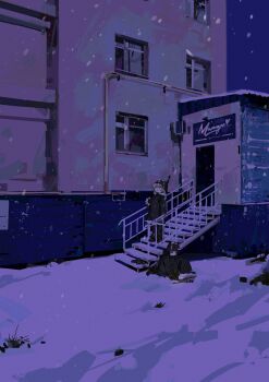 2girls absurdres backpack bag black_bag black_eyes black_hair blonde_hair blue_eyes blue_sky brodie_helmet brown_shoes building campfire chito_(shoujo_shuumatsu_ryokou) coat combat_helmet commentary curantohashdash fur-trimmed_coat fur_trim green_coat green_pants helmet highres hose kneeling long_hair looking_down looking_up military_uniform multiple_girls on_ground open_mouth outdoors pants shoes shoujo_shuumatsu_ryokou sky snow snowing stahlhelm standing symbol-only_commentary wide_shot winter yuuri_(shoujo_shuumatsu_ryokou)