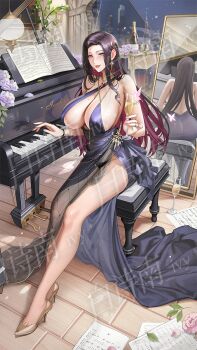 1girl alcohol bare_shoulders black_dress black_hair black_panties breasts champagne champagne_flute chinese_commentary cityscape cleavage collarbone colored_inner_hair commentary covered_erect_nipples cropped cup dress drinking_glass earrings evening_gown feet forehead full_body grand_piano high_heels highres instrument jewelry large_breasts long_hair looking_at_viewer mirror multicolored_hair night original panties parted_bangs parted_lips piano purple_eyes red_hair ring sheet_music sideboob skyline solo table tiles tsuki_no_i-min two-tone_hair underwear watermark window
