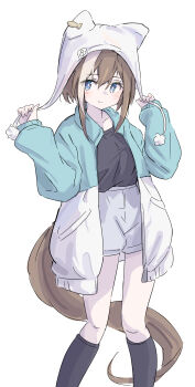 1girl absurdres animal_ears black_shirt black_socks blue_coat blue_eyes blush brown_hair cheval_grand_(umamusume) closed_mouth coat commentary_request ear_covers hair_between_eyes hat hat_with_ears highres horse_ears horse_girl horse_tail long_hair long_sleeves looking_at_viewer multicolored_hair nazmocha shirt shorts simple_background socks solo streaked_hair tail umamusume white_background white_coat white_hair white_shorts