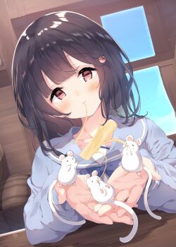 Rule 34 | 1girl, absurdres, black hair, blush, eating, granblue fantasy, hair ornament, highres, holding, indoors, looking at viewer, mouse (animal), red eyes, ukiwakisen, vikala (granblue fantasy)