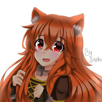 1girl :d animal_ear_fluff animal_ears artist_name blush brown_dress brown_hair child collar commentary dress english_commentary eyelashes grey_dress hair_between_eyes highres jineko_nyaan long_hair long_sleeves looking_at_viewer messy_hair metal_collar metal_wrist_cuffs open_mouth orange_hair pinstripe_dress pinstripe_pattern raccoon_ears raccoon_girl raphtalia raphtalia_(young) red_eyes short_sleeves simple_background smile solo tate_no_yuusha_no_nariagari twitter_username white_background