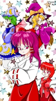 1990s_(style) 4girls artist_name blonde_hair bow braid breasts cape capelet dress frills ghost_tail green_eyes green_hair hair_bow hair_tubes hakama hakurei_reimu hakurei_reimu_(pc-98) hat hat_bow highres holding japanese_clothes kirisame_marisa kirisame_marisa_(pc-98) long_hair long_sleeves looking_at_viewer miko mima_(touhou) multiple_girls navodnavod okazaki_yumemi purple_dress purple_eyes purple_hair red_bow red_eyes red_hair retro_artstyle ribbon shirt short_hair skirt smile star_(symbol) star_symbol_background touhou touhou_(pc-98) vest wide_sleeves wings witch_hat wizard_hat yellow_eyes