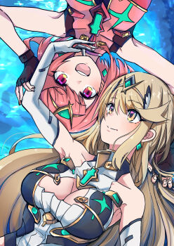 2girls absurdres blonde_hair blue_background breasts chest_jewel cleavage cleavage_cutout clothing_cutout commentary_request dress earrings highres jewelry large_breasts long_hair multiple_girls mythra_(xenoblade) pyra_(xenoblade) red_eyes red_hair short_hair sofusan1526 tiara upside-down white_dress xenoblade_chronicles_(series) xenoblade_chronicles_2 yellow_eyes
