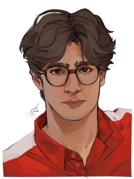 1boy atmisuki brown_eyes brown_hair closed_mouth collared_shirt commentary cropped_shoulders formula_3 glasses highres lips looking_at_viewer male_focus nose parted_bangs parted_hair rafael_camara real_life realistic red_shirt shirt short_hair simple_background solo white_background