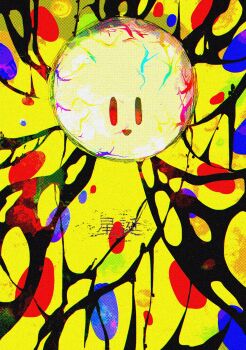 absurdres black_eyes colorful commentary_request dripping highres kirby_star_allies kirby_(series) nekkie_nekkie nintendo no_humans one-hour_drawing_challenge open_mouth polka_dot polka_dot_background smile solid_oval_eyes solo translation_request veins void_soul void_termina yellow_background