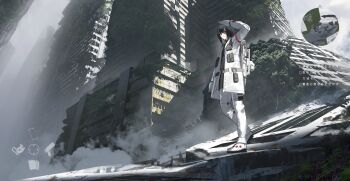1girl absurdres asteroid_ill black_hair bush chain-link_fence closed_mouth commentary_request facing_viewer fence fog grass grey_sky hair_between_eyes heads-up_display highres jacket minimap moss original outdoors overgrown pants pouch red_eyes rethina_(asteroid_ill) ruins shading_eyes shoes short_hair sky solo standing translation_request user_interface white_jacket white_pants white_shoes wide_shot