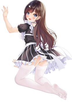 1girl blue_eyes blush brown_hair feet garter_straps highres long_hair looking_at_viewer looking_back open_mouth panties pantyshot see-through_clothes see-through_legwear soles thighhighs toes transparent_background underwear white_thighhighs youlancangkong
