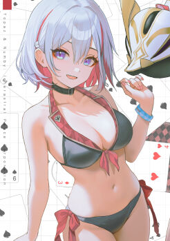 1girl aengdohwa bikini black_bikini black_choker breasts card card_background choker cleavage colored_inner_hair highres honkai:_star_rail honkai_(series) looking_at_viewer medium_breasts multicolored_hair navel numby_(honkai:_star_rail) open_mouth pale_color purple_eyes red_hair short_hair solo stomach swimsuit topaz_(honkai:_star_rail) trotter_(honkai:_star_rail) white_hair