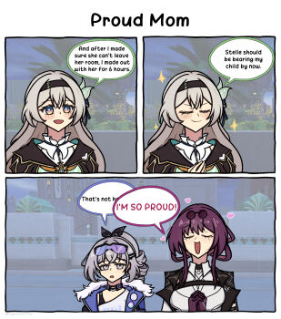Rule 34 | 3girls, black choker, black coat, black hairband, black jacket, blush, choker, coat, commentary, dress, drill hair, english commentary, english text, eyewear on head, firefly (honkai: star rail), goggles, goggles on head, gradient eyes, grey eyes, grey hair, hairband, hand on own chest, heart, highres, honkai: star rail, honkai (series), implied yuri, jacket, kafka (honkai: star rail), long hair, multicolored eyes, multiple girls, own hands together, pigeononetrick, purple hair, shirt, silver wolf (honkai: star rail), sparkle, speech bubble, white shirt