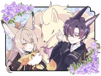 1boy 1girl animal_ear_fluff animal_ears arknights blonde_hair closed_mouth creature extra_ears facial_scar fennekin flower fox_boy fox_ears fox_girl fox_tail gen_1_pokemon gen_6_pokemon green_eyes holding holding_creature holding_pokemon husband_and_wife korean_commentary long_hair looking_at_viewer multicolored_hair ninetales nintendo notched_ear orange_eyes pink_hair pokemon pokemon_(creature) purple_hair scar scar_on_cheek scar_on_face short_hair streaked_hair suzuran&#039;s_father_(arknights) suzuran_(arknights) tail wang_0w0