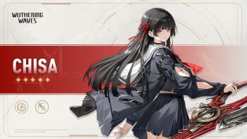 1girl arm_cutout black_choker black_hair black_serafuku black_shirt black_skirt character_name chisa_(wuthering_waves) choker clothing_cutout commentary cowboy_shot english_commentary from_side hair_ribbon highres holding holding_sword holding_weapon logo long_hair long_sleeves looking_at_viewer looking_to_the_side neckerchief official_art parted_lips red_eyes red_neckerchief red_ribbon ribbon sailor_collar school_uniform serafuku shirt skirt solo sword tacet_mark_(wuthering_waves) weapon white_sailor_collar wuthering_waves