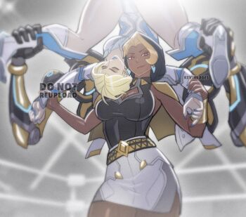 Rule 34 | 2girls, black hair, blonde hair, cleavage cutout, clothing cutout, cowboy shot, dark-skinned female, dark skin, domina (overwatch), emma frost, highres, kevin raganit, looking at viewer, marvel, marvel rivals, mechanical arms, multicolored hair, multiple girls, overwatch, skirt, smile, white skirt