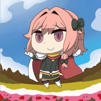 1boy animated animated_gif astolfo_(rider)_(fate) bad_tag black_bow black_sweater black_thighhighs boots bow braid cape chibi cloud commentary dancing english_commentary fate/apocrypha fate_(series) fur-trimmed_cape fur_trim gauntlets gorget hair_bow hair_intakes long_hair male_focus outdoors phoenixcat2497 pink_hair purple_eyes riyo_(lyomsnpmp)_(style) single_braid smile solo sweater thighhighs two-sided_cape two-sided_fabric white_boots white_cape