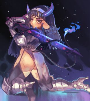 1girl absurdres animal_ears armored_boots ass black_dress black_hair black_thighhighs black_veil boots cow_ears cow_girl cow_horns cow_tail cross_scar dress earrings eyeshadow facial_scar fire from_behind full_body garter_straps gauntlets gold_gold_adventure_gold half-closed_eyes heretic_mooladin high_heel_boots high_heels highres holding holding_sword holding_weapon horns jewelry keziedra kneeling long_hair looking_at_viewer looking_back makeup nun nun_headdress official_artist_extra pointy_earrings purple_eyeshadow purple_fire purple_horns scar scar_on_cheek scar_on_face side_slit solo sword tail thighhighs thorns two-handed veil weapon