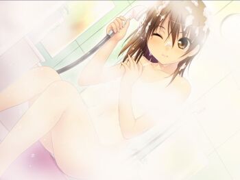 Rule 34 | 1girl, bath, bathroom, bishoujo (game), brown eyes, brown hair, censored, completely nude, convenient censoring, dutch angle, game cg, nonohara miki, nude, one eye closed, short hair, shower head, showering, sitting, solo, steam, steam censor, watase tamaki, wet